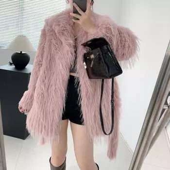 Меховая куртка женская модная теплая пляжная шерстяная тканая длинная экологически чистая шерстяная куртка S абрикосовый