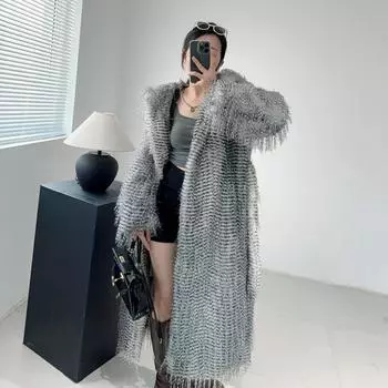 Меховая куртка женская модная теплая пляжная шерстяная тканая удлиненная экологически чистая шерстяная куртка S