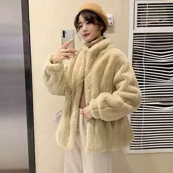 Меховая куртка женская молодежная мода новая имитация норки бархат утолщенный плюшевый жакет воротник стойка свободный осень и зима XS абрикосовый