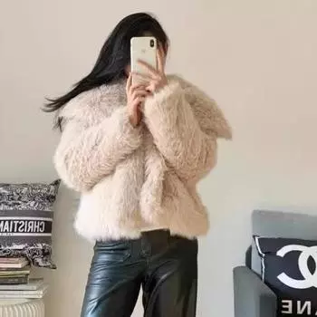 Меховая куртка женская нишевая брендовая осенне-зимняя норковая лиса мех воротник темно-синий короткая экологичная S абрикосовый