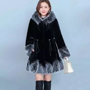 Меховая куртка женская новая зимняя одежда, иностранный стиль, талия и тонкая средняя и длинная с капюшоном имитация норки шуба, для среднего и пожилого возраста S бордовый