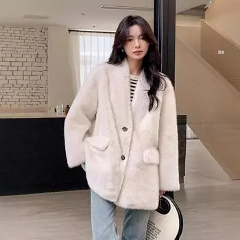 Меховая куртка женская средняя и длинная с V-образным вырезом светлая бархатная норковая шуба из искусственного меха первого снега S жемчужина белый