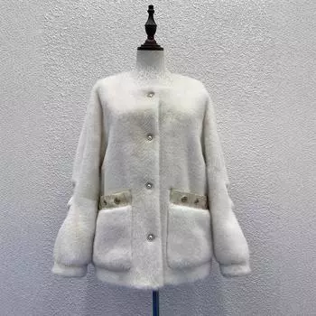 Меховая куртка женская средняя и длинная утолщенная темперамент светская модель имитация лисьего меха 2024 новая шуба S бежевый