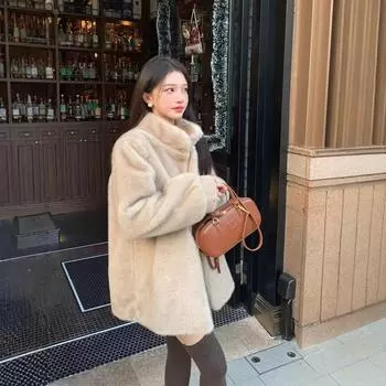 Меховая куртка женская зимняя 2024 года, новая имитация норки, флисовый мех, интегрированная средняя и длинная свободная утолщенная шуба S
