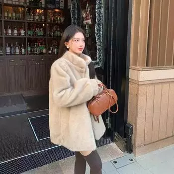 Меховая куртка женская зимняя 2024 года, новая имитация норки, флисовый мех, интегрированная средняя и длинная свободная утолщенная шуба S (80-50 kg)