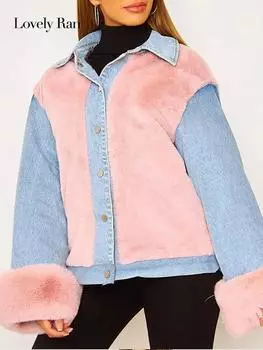 Меховая лоскутная джинсовая куртка женская, осень 2023, новая модная теплая пушистая женская куртка с длинным рукавом с отложным воротником, уличная женская верхняя одежда S розовый/синий