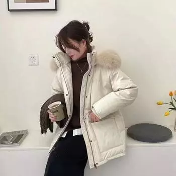 Меховая парка с хлопковой подкладкой, новая зимняя пуховая куртка с большим меховым воротником, женские толстые теплые парки, женская верхняя одежда S бежевый