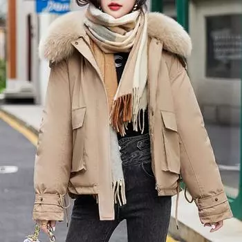 Меховая парка с хлопковой подкладкой, новая зимняя пуховая куртка с большим меховым воротником, женские толстые теплые парки, женская верхняя одежда M белый