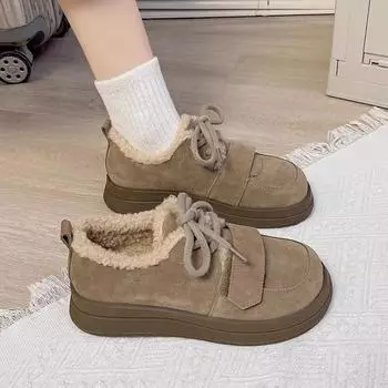 Меховая платформа Женская повседневная обувь Замшевые туфли на плоской подошве Ботинки женские 2025 тренд зимняя мода Лолита элегантные удобные новые брендовые кроссовки Mujer 35 хаки