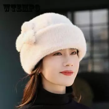 Меховая шапка для женщин зимой, имитация меха норки, модная кожаная теплая шапка с чехлом для носка one size
