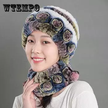 Меховая шапка из кролика рекс, женская модная шапка с цветочным принтом, защита ушей, женская меховая шапка для мамы, утолщенный теплый шарф One size