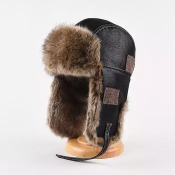 Меховая шапка мужская зимняя ретро шапка Lei Feng защита ушей ветрозащитная холодная велоспорт большая окружность головы локомотивная кепка L58-59cm чёрный