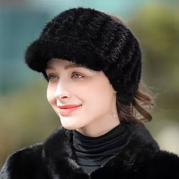 Меховая шапка новая теплая тканая норковая шапка с утиным язычком женская осенне-зимняя повседневная корейская версия пустой цилиндр из норки One size (elastic) чёрный