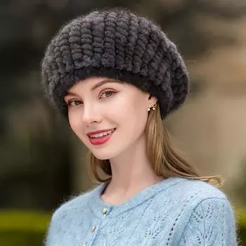 Меховая шапка женская модная теплая стильный берет шапка из норки вязаная норковая меховая шапка новый зимний берет 55-59cm