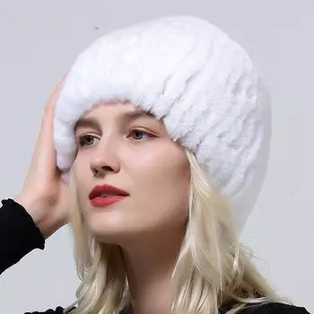 Меховая шапка женская сшитая вручную из натурального меха кролика рекс вязаная женская шапка бини однотонная повседневная горячая русская теплая зимняя шапка с черепами One Size белый
