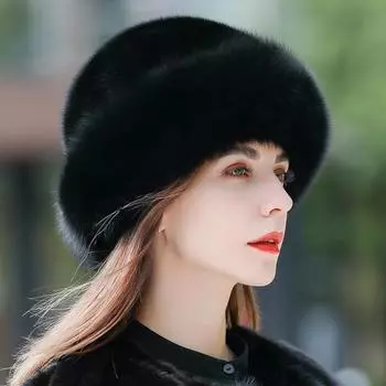 Меховая шапка женская зимняя корейская версия теплая норковая шерсть цельная норковая модная универсальная зимняя лисья шерсть снежная панама M56-58cm чёрный