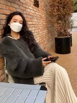 Меховая шуба женская короткая без воротника искусственный мех пальто экологически чистый мех богатый веер, Тоскана S темно-серого