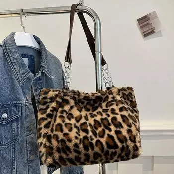 Меховая сумка с ярким леопардовым принтом, простая, вместительная, симпатичная сумка через плечо, повседневная, модная, в корейском стиле, сумка на цепочке
