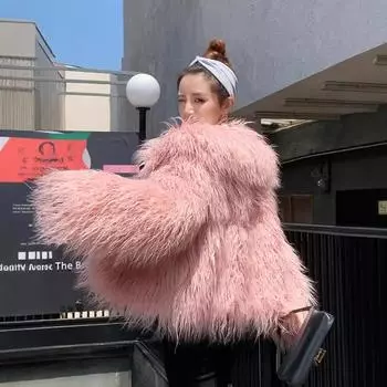 Меховая женская одежда имитация пляжная шерсть воротник-лацкан шерстяная куртка зимняя новая мода свободный шерстяной топ S розовый
