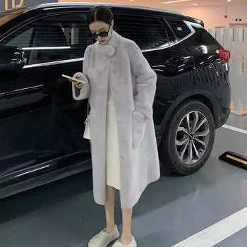 Меховая женская осенне-зимняя новая модная шуба из искусственной норки средней и длинной длины с утолщенным мехом, интегрированная норковая шуба S 90-55kg