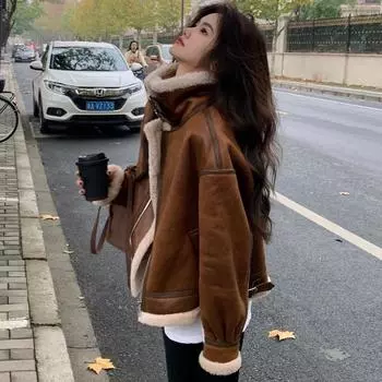 Меховое цельное пальто из овечьей шерсти, женская замшевая винтажная мотоциклетная куртка, шуба S