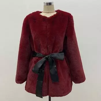 Меховое осенне-зимнее женское пальто из искусственного меха, корейская версия теплого повседневного пальто с круглым вырезом S чёрный