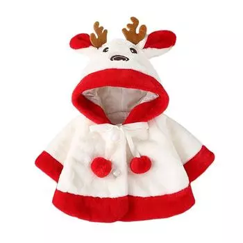 Меховое пончо для маленьких девочек, накидка с капюшоном из мультфильма лося, плащ с помпоном, детская флисовая куртка, пальто, рождественская одежда для малышей, верхняя одежда для детей 0-3 лет L/90