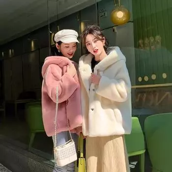 Меховое теплое зимнее пальто, новый кроличий мех, свободная утолщенная плюшевая одежда, модная женская одежда с капюшоном S