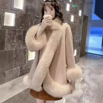 Меховое женское пальто новое свободное пальто шаль мех лисы интегрированное плюшевое пальто молодой S [within 50kg] белый