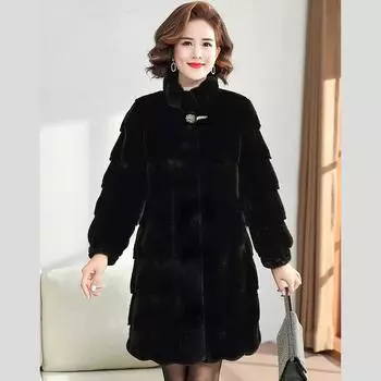 Меховое зимнее пальто для женщин, куртка средней длины, утепленная, сохраняющая тепло, свободная шуба XS чёрный