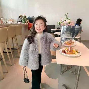 Меховой топ для девочек среднего размера в иностранном стиле Детский темперамент Утолщенная теплая и экологически чистая меховая куртка 90cm светло-серый
