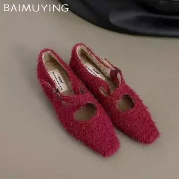 Меховые элегантные женские балетки на плоской подошве, модные сексуальные туфли с острым носком, женские туфли 2025 года, зимнее платье, туфли Мэри Джейн Mujer 35 коричневый