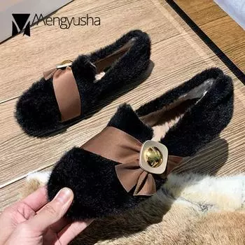 Меховые балетки с металлической пряжкой, женские мокасины с бантом, зимние хлопковые туфли для женщин, теплые мокасины с мехом, большие размеры 35-43 5 чёрный