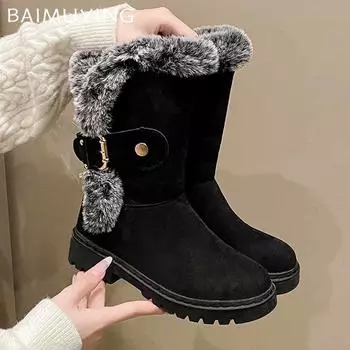 Меховые балетки замшевые женские сапоги до середины голени повседневные теплые удобные прогулочные туфли 2024 зимняя брендовая мода короткое плюшевое платье Mujer Zapatillas 35 чёрный