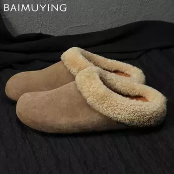 Меховые балетки женские хлопковые тапочки замшевые короткие плюшевые повседневные мюли обувь 2025 тренд теплые удобные домашние зимние новые женские туфли 35 дубильная кора
