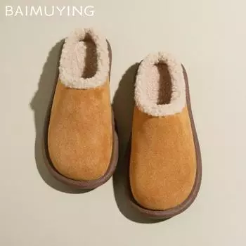 Меховые балетки женские хлопковые тапочки замшевые модные мюли обувь зимние теплые удобные ботинки с открытой пяткой женские тренд 2025 новый зимние ботинки Femme 35 чёрный