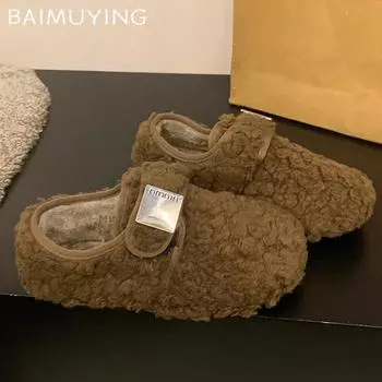 Меховые балетки женские хлопковые туфли теплые повседневные кроссовки Wpman 2025 тренд зимние новые туфли Мэри Джейн платье короткие плюшевые зимние ботинки женские 35 бежевый