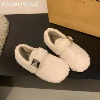 Меховые балетки женские хлопковые туфли теплые повседневные кроссовки Wpman 2025 тренд зимние новые туфли Мэри Джейн платье короткие плюшевые зимние ботинки женские 35 бежевый