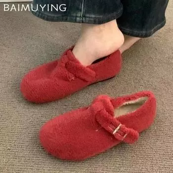 Меховые балетки женские мокасины обувь повседневная теплая удобная прогулочная хлопковая обувь 2025 зима новый бренд короткие плюшевые модные женские туфли Zapatillas 35 абрикосовый