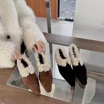 Меховые балетки женские сексуальные теплые туфли для женщин трендовые зимние короткие плюшевые элегантные зимние ботинки 35 чёрный