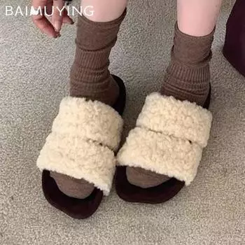 Меховые балетки женские тапочки дизайнер квадратный носок короткие плюшевые повседневные туфли 2025 тренд прогулки уютный дом зима новинка Mujer Zapatillas 35 хаки