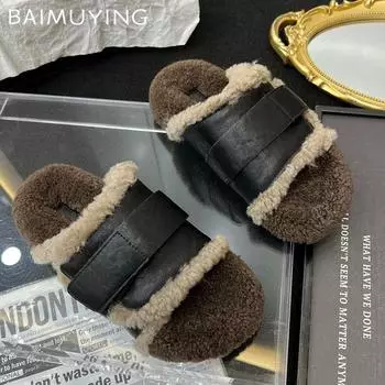 Меховые балетки женские тапочки короткие плюшевые туфли на платформе из хлопка дизайнерская зимняя повседневная обувь 2024 года тренд теплая домашняя уютная женская обувь 35 чёрный