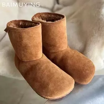 Меховые балетки женские зимние ботильоны дизайнерские замшевые короткие плюшевые новые хлопковые туфли 2025 года тренд зимние теплые удобные повседневные ботинки женские 36 коричневый