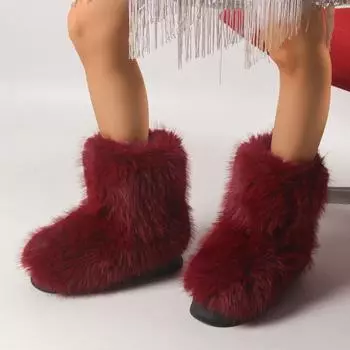 Меховые балетки женские зимние сапоги до середины голени зимние короткие плюшевые толстые подошвы теплая обувь 2024 новый тренд модные готические сапоги для ходьбы 36 красный