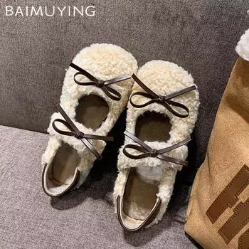 Меховые банты неглубокие женские туфли Мэри Джейн короткие плюшевые модные хлопковые туфли 2025 тренд уютное платье зимние новые женские туфли Zapatillas 35