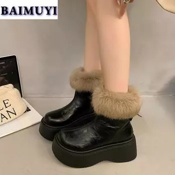 Меховые ботильоны на платформе, зимние женские ботильоны, короткие плюшевые теплые ботинки, зима 2025, абсолютно новые кожаные ботинки челси, готические ботинки, женские ботинки 35 чёрный