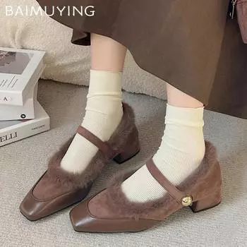 Меховые квадратные носки женские туфли на плоской подошве с пряжкой на толстом среднем каблуке элегантные туфли 2025 года модные зимние короткие плюшевые туфли-лодочки Zapatos Ladies 35 чёрный