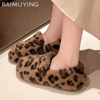 Меховые леопардовые балетки женские хлопковые лоферы обувь короткие плюшевые дизайнерские повседневные туфли 2025 трендовые прогулочные теплые уютные зимние ботинки женские 35 чёрный