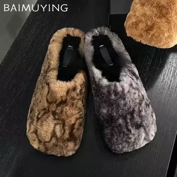 Меховые леопардовые женские тапочки на плоской подошве теплые модные хлопковые туфли женские 2025 трендовые зимние короткие плюшевые удобные прогулочные зимние ботинки Mujer 35