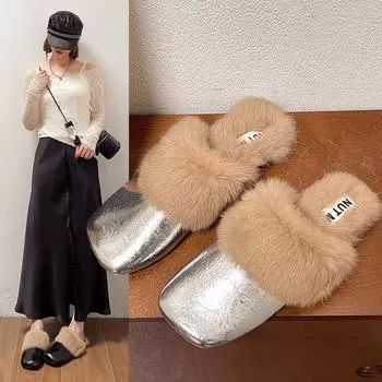 Меховые мюли, женские тапочки, теплые домашние туфли на плоской подошве, хлопковая обувь, зима 2024, тренд, мода, флип 35 чёрный